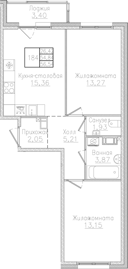 Планировка — Счастье 2.0, 3-комн., 55 м²