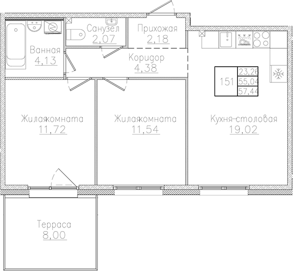 Планировка — Счастье 2.0, 3-комн., 55 м²