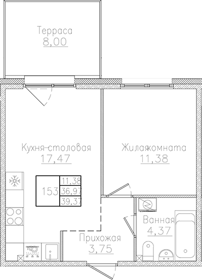 Планировка — Счастье 2.0, 2-комн., 37 м²
