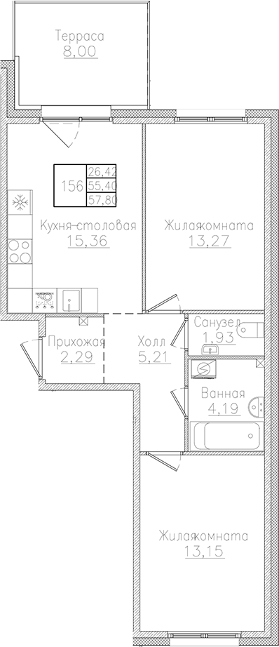 Планировка — Счастье 2.0, 3-комн., 55 м²