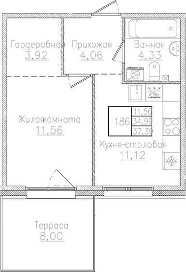 Планировка — Счастье 2.0, 1-комн., 35 м²