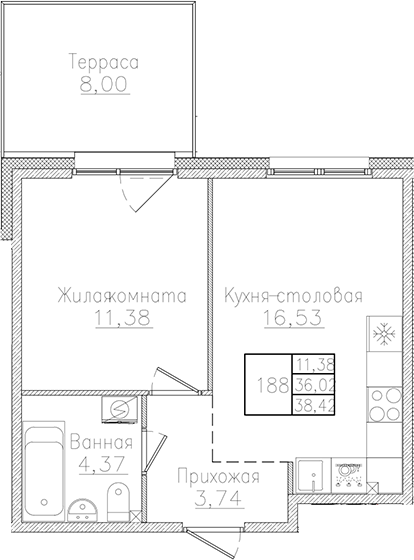 Планировка — Счастье 2.0, 2-комн., 36 м²