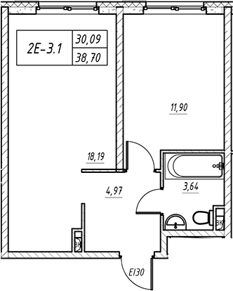 Планировка — Зум на Неве, 1-комн., 39 м²