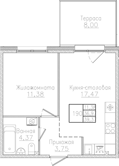 Планировка — Счастье 2.0, 2-комн., 37 м²