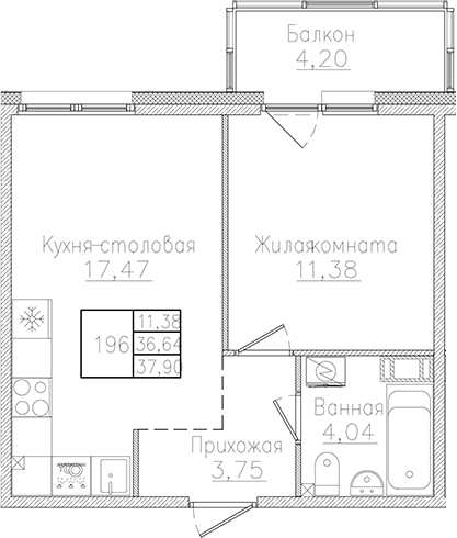 Планировка — Счастье 2.0, 2-комн., 37 м²
