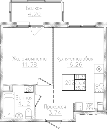 Планировка — Счастье 2.0, 2-комн., 36 м²