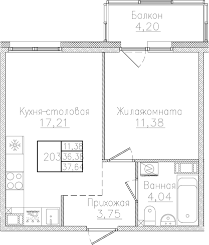 Планировка — Счастье 2.0, 2-комн., 36 м²