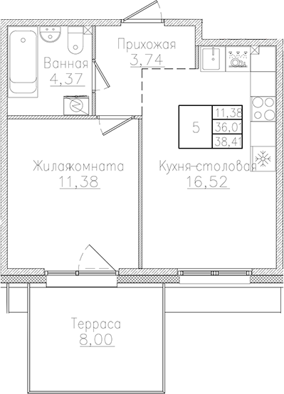 Планировка — Счастье 2.0, 2-комн., 36 м²