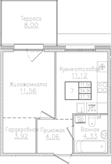 Планировка — Счастье 2.0, 1-комн., 35 м²