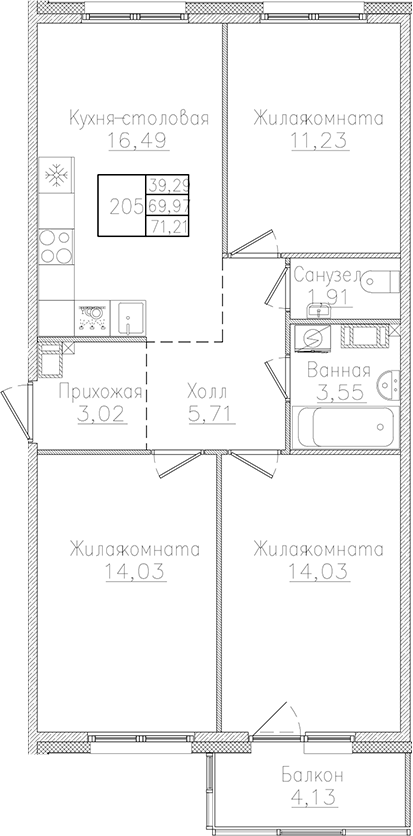 Планировка — Счастье 2.0, 4-комн., 70 м²