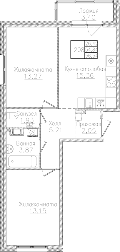Планировка — Счастье 2.0, 3-комн., 55 м²