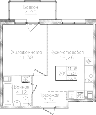 Планировка — Счастье 2.0, 2-комн., 36 м²