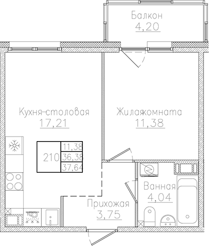 Планировка — Счастье 2.0, 2-комн., 36 м²