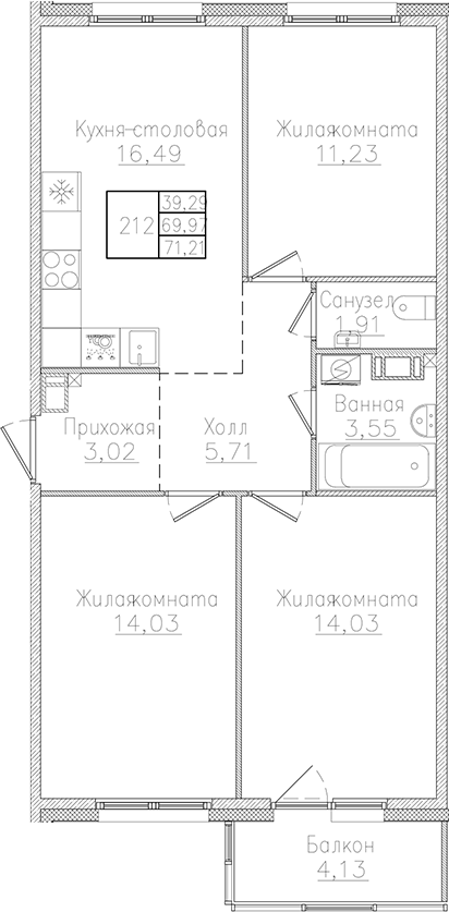 Планировка — Счастье 2.0, 4-комн., 70 м²