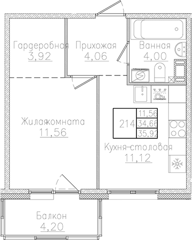 Планировка — Счастье 2.0, 1-комн., 35 м²