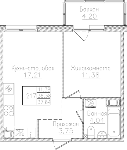 Планировка — Счастье 2.0, 2-комн., 36 м²