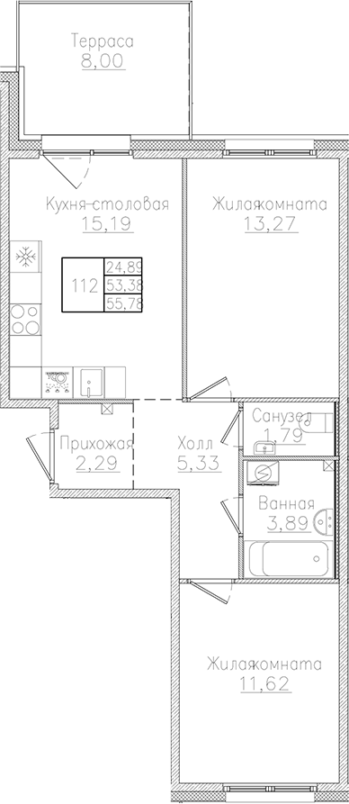 Планировка — Счастье 2.0, 3-комн., 53 м²