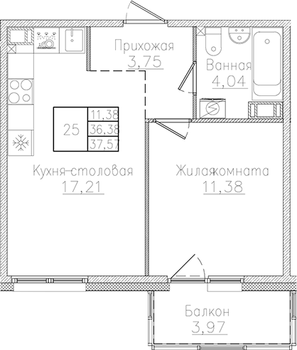 Планировка — Счастье 2.0, 2-комн., 36 м²
