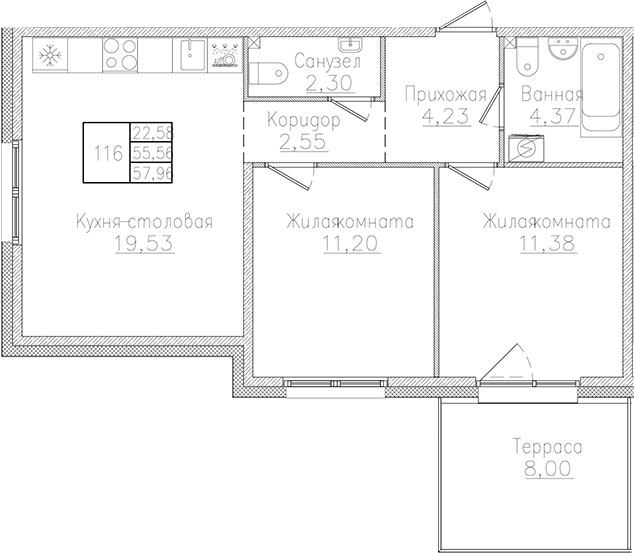 Планировка — Счастье 2.0, 3-комн., 56 м²