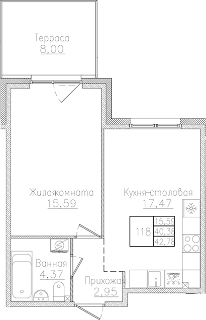 Планировка — Счастье 2.0, 2-комн., 40 м²