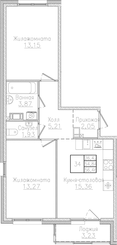Планировка — Счастье 2.0, 3-комн., 55 м²