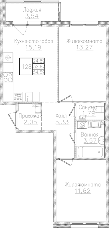 Планировка — Счастье 2.0, 3-комн., 53 м²