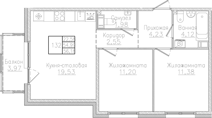 Планировка — Счастье 2.0, 3-комн., 55 м²