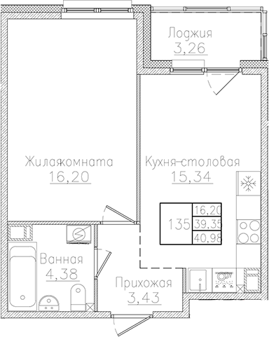 Планировка — Счастье 2.0, 2-комн., 39 м²