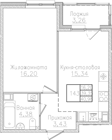 Планировка — Счастье 2.0, 2-комн., 39 м²