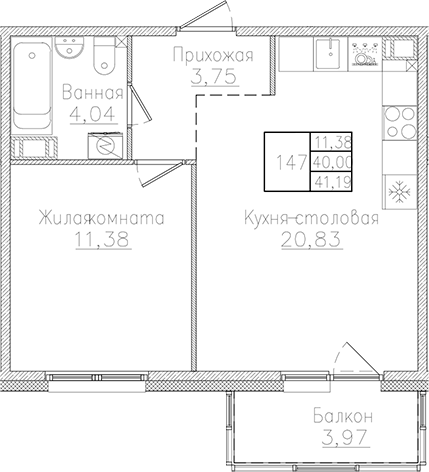 Планировка — Счастье 2.0, 2-комн., 40 м²