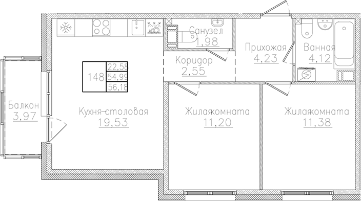 Планировка — Счастье 2.0, 3-комн., 55 м²