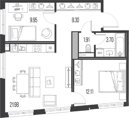 Планировка — Legenda Васильевского, 3-комн., 58 м²