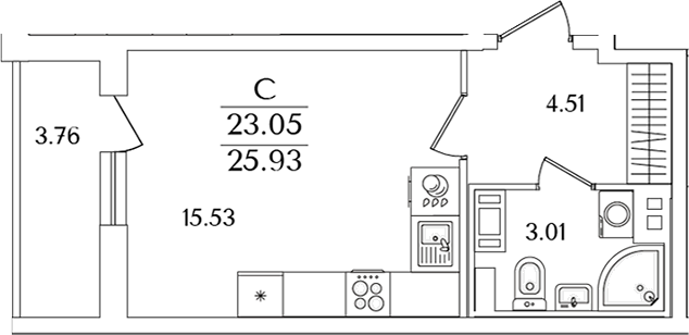 Планировка — Кинопарк, Студия, 23 м²