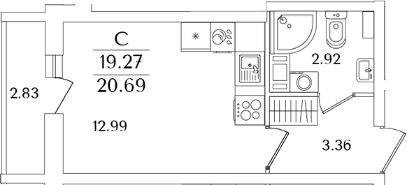 Планировка — Кинопарк, Студия, 19 м²