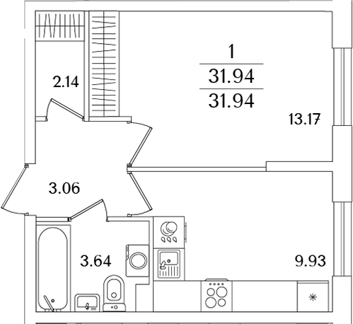 Планировка — Кинопарк, 1-комн., 32 м²