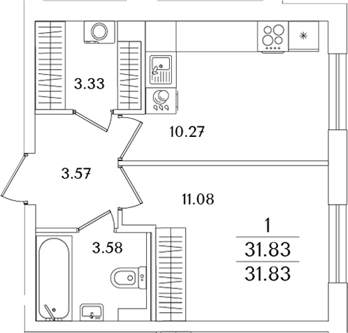Планировка — Кинопарк, 1-комн., 32 м²