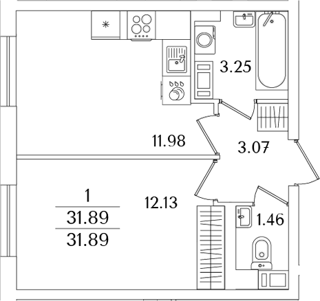 Планировка — Кинопарк, 1-комн., 32 м²