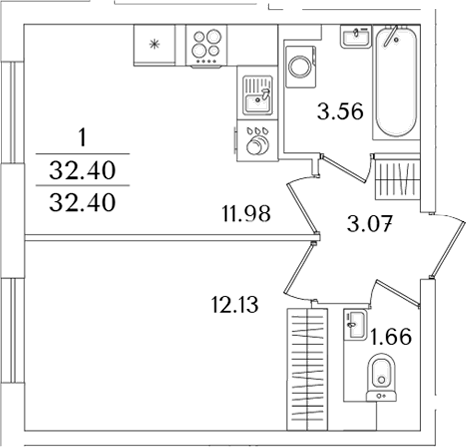 Планировка — Кинопарк, 1-комн., 32 м²