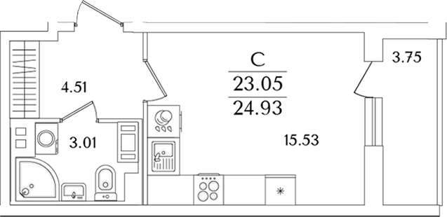 Планировка — Кинопарк, Студия, 23 м²