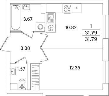 Планировка — Кинопарк, 1-комн., 32 м²