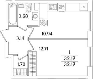 Планировка — Кинопарк, 1-комн., 32 м²