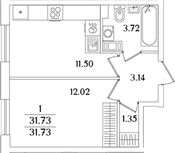 Планировка — Кинопарк, 1-комн., 32 м²