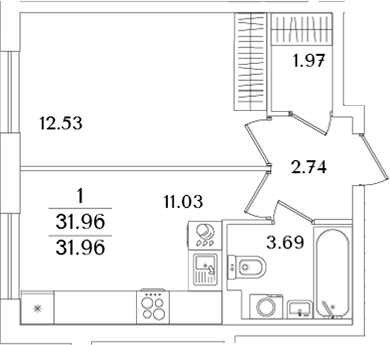 Планировка — Кинопарк, 1-комн., 32 м²