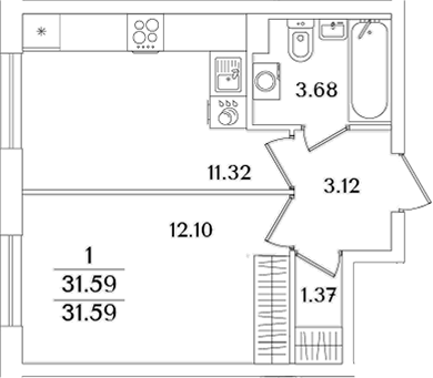 Планировка — Кинопарк, 1-комн., 32 м²