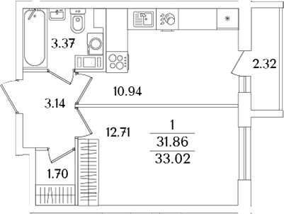Планировка — Кинопарк, 1-комн., 32 м²