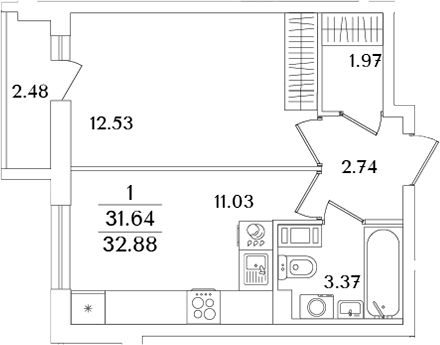 Планировка — Кинопарк, 1-комн., 32 м²