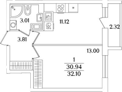 Планировка — Кинопарк, 1-комн., 31 м²