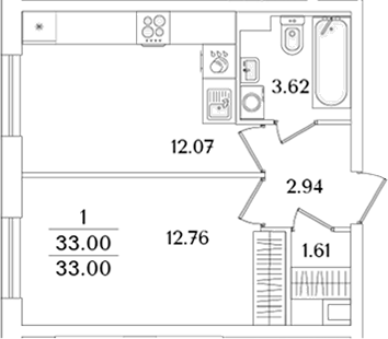 Планировка — Кинопарк, 1-комн., 33 м²