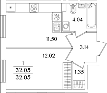 Планировка — Кинопарк, 1-комн., 32 м²