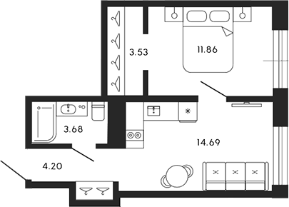Планировка — 17/33, 1-комн., 38 м²